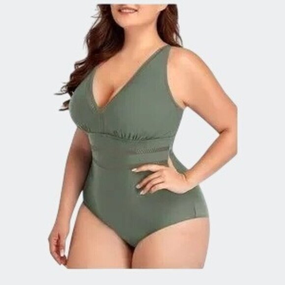 Daci Olive Green One-Piece Swimsuit With Adjustable Straps & Waist Detail 20W - Picture 14 of 15